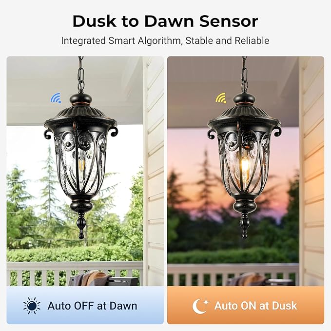 VIANIS Dusk to Dawn Outdoor Hanging Lights, Large Bronze Vintage Outdoor Pendant Light, Waterproof with Seed Glass, Anti-Rust Adjustable Length Chandelier, Porch Ceiling Light for Yard, Doorway