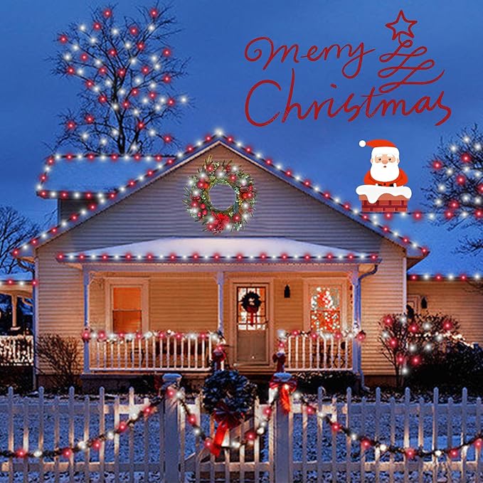 QITONG 4 Pack Solar Fairy Lights, Each 33ft 100 LED Red and White Christmas String Light Outdoor Waterproof, 8 Modes Silver Wire Twinkle Mini Lights