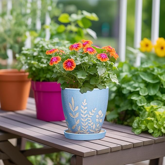 EPFamily 6 Inch Ceramic Plant Pot with Saucer - Small Flower Pot with Drainage for Succulents & Herbs, Boho Desk Home Office Room Decor, Plant Lovers Gifts, Blue