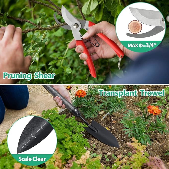 Garden Tool Set, 5-Piece Heavy Duty Gardening Tools Kit with Extendable Handle, Metal Trowel, Cultivator, Weeder, Pruner, Back-Saving Grips for Yard Raised Bed, Rust-Proof, Gift for Women, Men, Kids