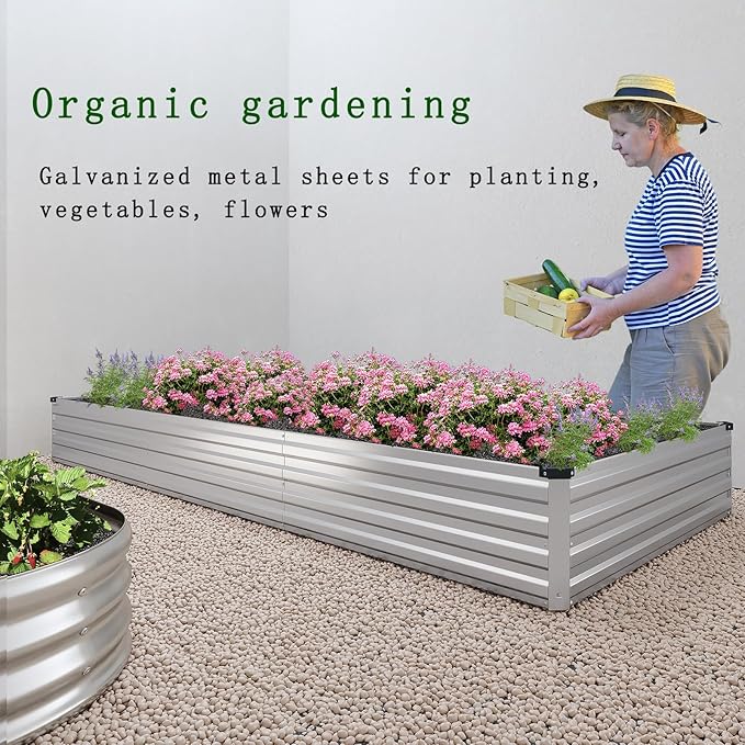 ZUNUDA 8×2×1FT(2PCS) Galvanized Raised Garden Bed Kit, Metal Planter Boxes，Large Outdoor Planters Garden for Planting Vegetables,Flowers,Herbs -Silver