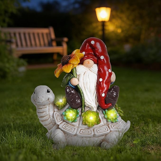 basen Solar Turtle Gnome Garden Statue Outdoor Decor, Resin Turtle with Gnome Figurine and LED Light, Solar Powered Yard Art for Lawn Patio Porch Pathway, Weather Resistant