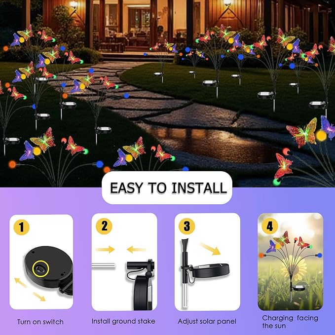 Solar Firefly Colorful Butterfly Garden Lights 2Pack Outdoor Waterproof for Pathway Landscape Camping Patio Lawn Decorations Multicolor
