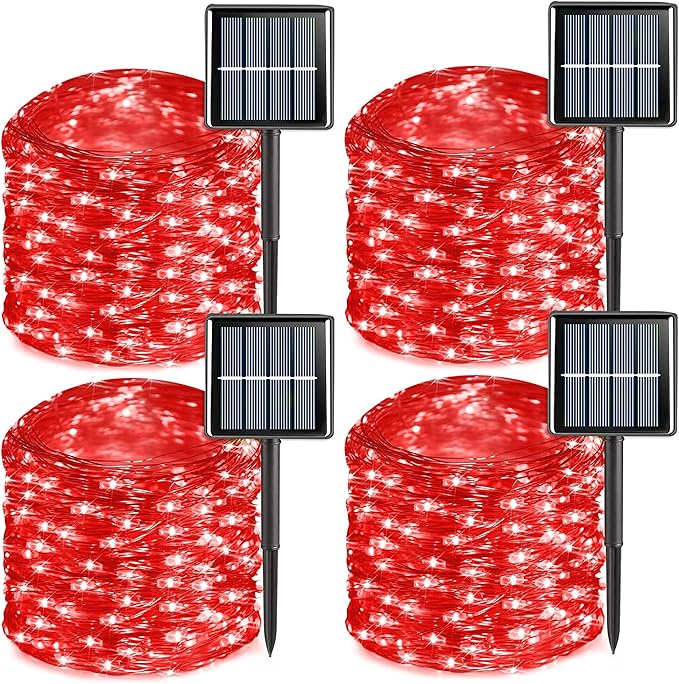 QITONG 4 Pack Solar Fairy Lights, Each 33ft 100 LED Red Christmas String Light Outdoor Waterproof, 8 Modes Silver Wire Twinkle Mini Lights