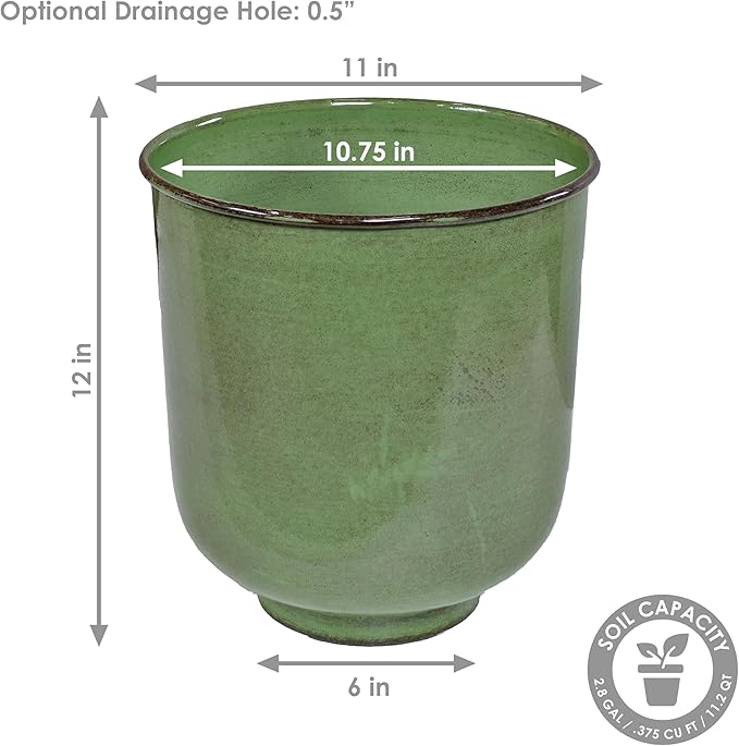 Sunnydaze Vivian 11" Metal Outdoor Plant Pot Set with Drainage Holes and Rubber Plugs - Jade Glaze - Set of 4