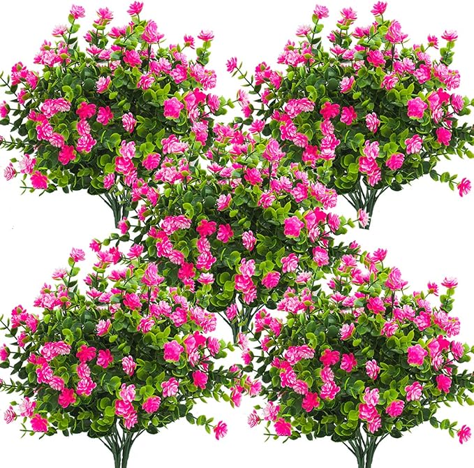 10 Bundles Artificial Fake Flowers, Faux Outdoor Plastic Plants UV Resistant Shrubs Outside Indoor Decorations (Pink-Eucalyptus)
