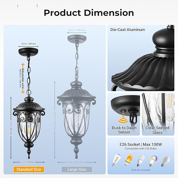 VIANIS Black Dusk to Dawn Outdoor Hanging Lights, Vintage Outdoor Pendant Light with Seed Glass, Waterproof, Anti-Rust Adjustable Length Chandelier, Hanging Ceiling Light for Porch, Garden, Yard