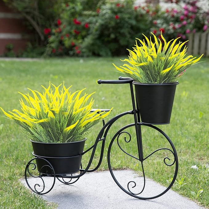 10 Bundles Artificial Plants Outdoor Fake Grass with Flowers UV Resistant Greenery Garden Porch Window Box Decorating (Yellow)