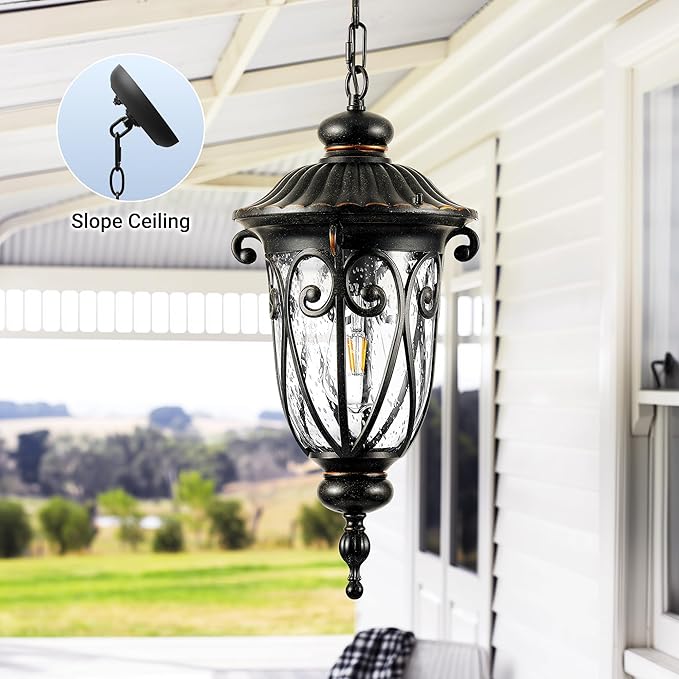 VIANIS Dusk to Dawn Outdoor Hanging Lights, Large Bronze Vintage Outdoor Pendant Light, Waterproof with Seed Glass, Anti-Rust Adjustable Length Chandelier, Porch Ceiling Light for Yard, Doorway
