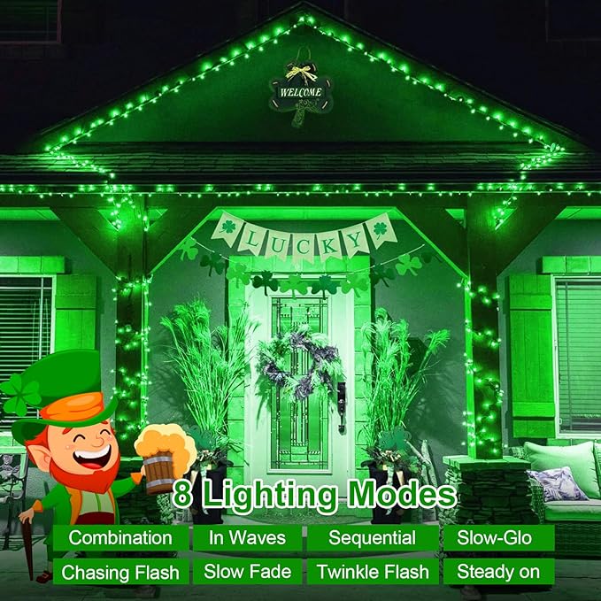 QITONG 4 Pack Solar St. Patricks Fairy Lights, Each 33ft 100 LED Green Christmas String Light Outdoor Waterproof, 8 Modes Silver Wire Twinkle Mini Lights