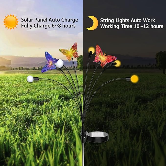 Solar Firefly Colorful Butterfly Garden Lights 2Pack Outdoor Waterproof for Pathway Landscape Camping Patio Lawn Decorations Warm White