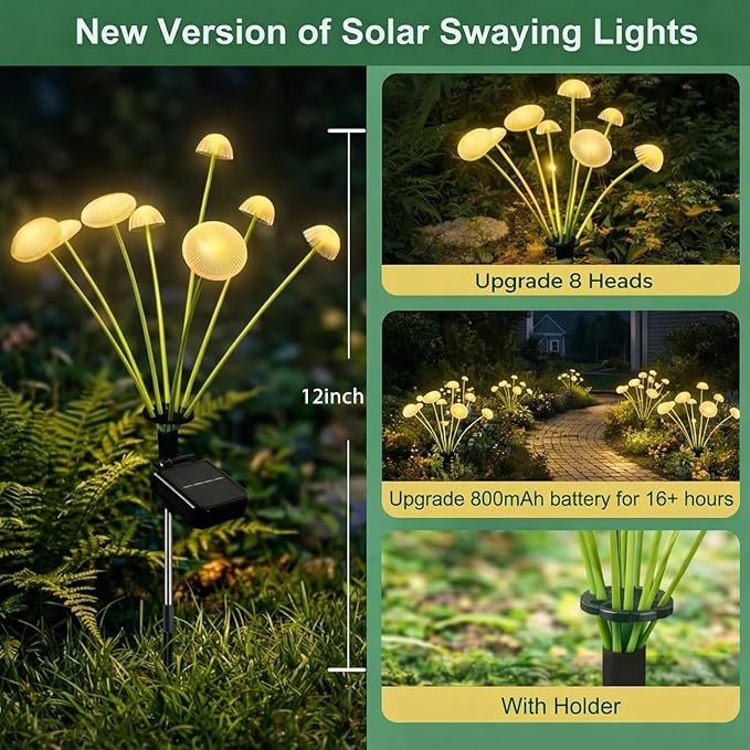 6 Pack 48LED Solar Garden Lights, 8 Lighting Modes Swaying Mushroom Lights, IP65 Waterproof Outdoor Decor for Garden, Yard, Patio, Pathway & Gifts for Women, Grandma (Warm White)