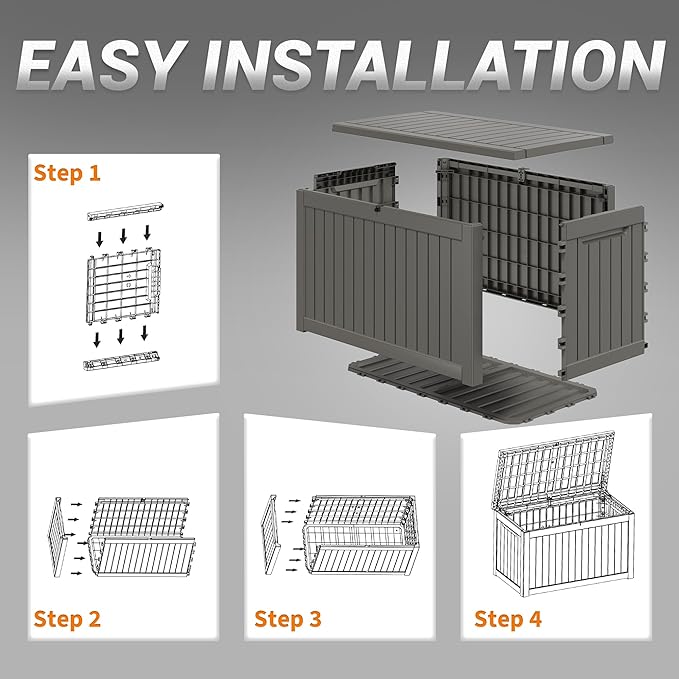 WTFGO 240 Gallon Large Resin deck box Waterproof,Outdoor Storage Bench,Patio Storage Box,Garden Tool Storage,UV-Resistant & All-Weather,Wood-like Striped Gray