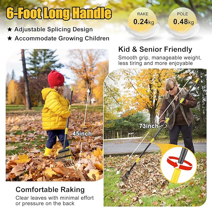 Leaf Rake: 8.5" Wide Heavy Duty Small Metal Garden Rake for Lawn Yard Garden Bed Leaves Debris Shrub Pine Needles Cleanup, 11 Metal Tines, Lightweight Kids Leaf Rakes, 72” Long Handle
