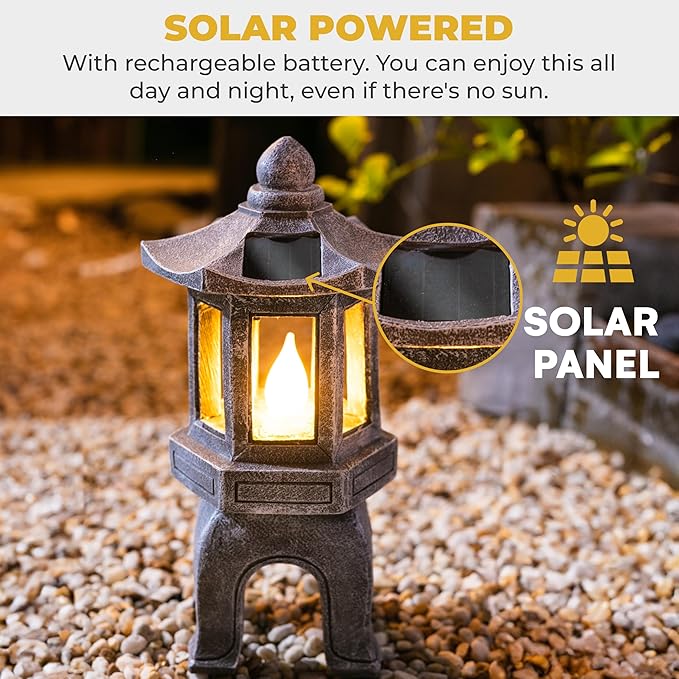 VP Home Solar Powered Asian Statue, Pagoda Garden Decor, Outdoor Zen Garden Lantern, Flickering LED Garden Light (Peaceful Zen Pagoda)