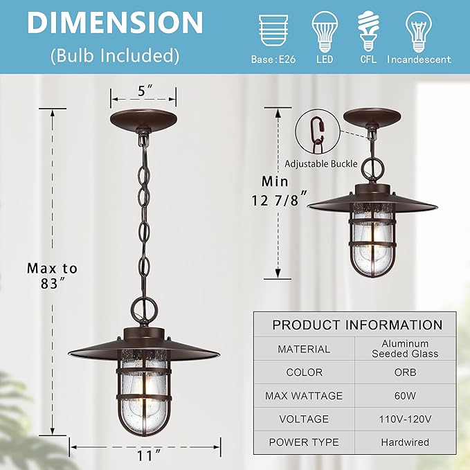Oil Rubbed Bronze Outdoor Pendant Light,Weatherproof Anti-Rust 12''H Hanging Porch Light with Seeded Glass Shade Bulb Included,Outside Lantern Chandelier 70'' Adjustable Chain for Patio Garden