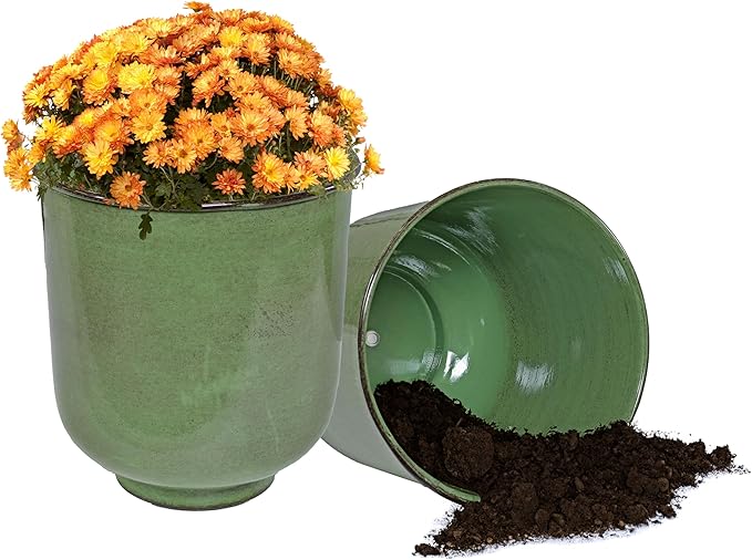 Sunnydaze Vivian 11" Metal Outdoor Plant Pot Set with Drainage Holes and Rubber Plugs - Jade Glaze - Set of 2