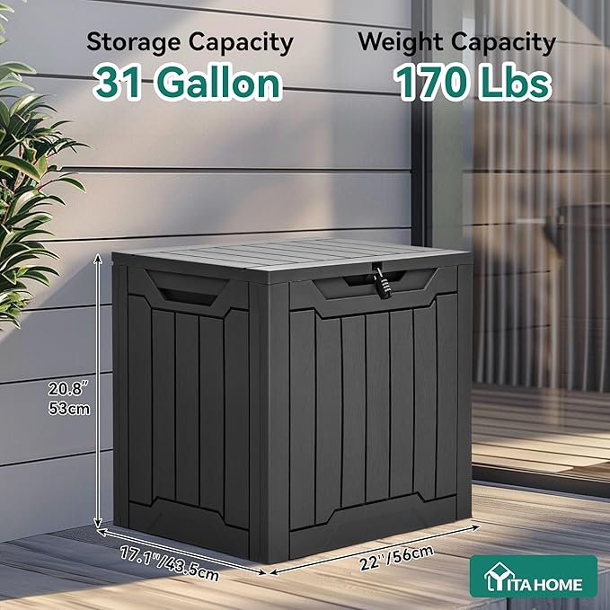 YITAHOME 31 Gallon Outdoor Storage Box, Resin Deck Box and Waterproof Package Delivery Box for Gardening Tools, Pool Supplies, Patio Furniture, Lockable, Black