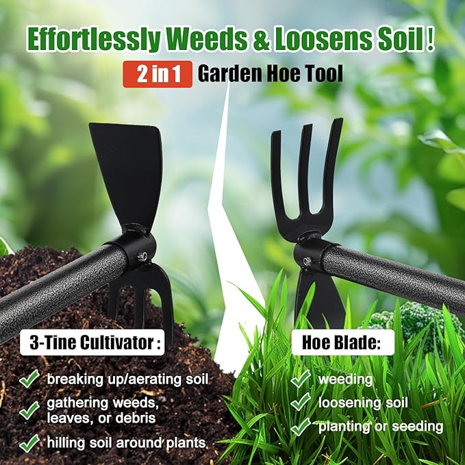 2-in-1 Garden Hoe Tool with Cultivator Rake, 45" Long Handle Small weed Hoe for Weeding, Heavy Duty hand tiller Gardening Hoes for Raised Beds, Backyards,Indoor Greenhouse, Outdoor Planting