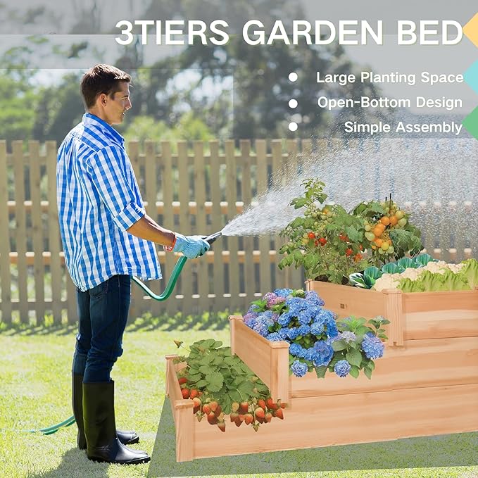 ZSYWODFO 3-Tier Raised Garden Bed with Fabric Liner, Wood Elevated Planter Box with Dovetail Joint Design, 3 Dividable Bed Kit for Vegetables/Herbs/Flowers, Outdoor Gardening for Patio, Lawn, Balcony