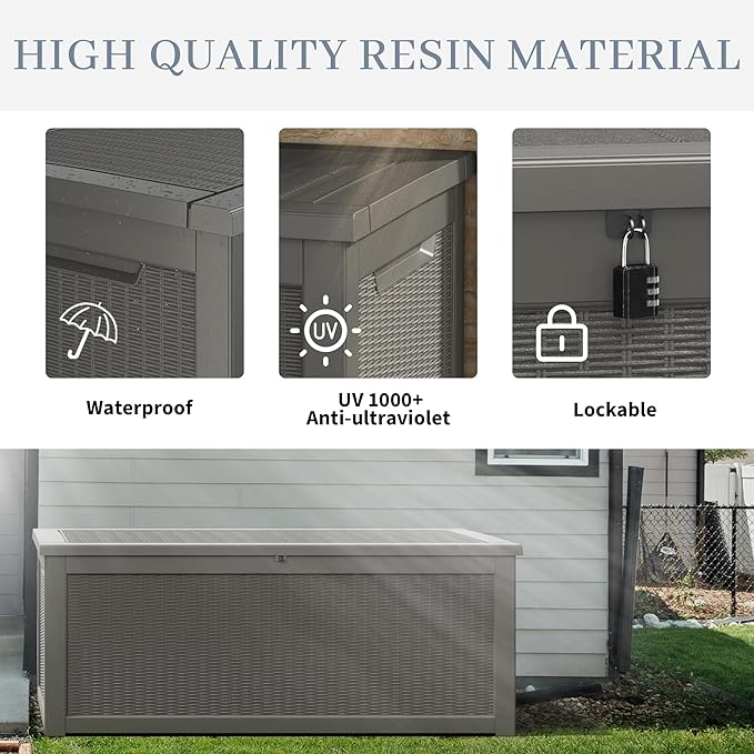 WTFGO 320 Gallon Large Resin deck box Waterproof,Outdoor Storage Bench,Patio Storage Box,Garden Tool Storage,Resin Large Sturdy Deck boxes with Double Wall Panels,Rattan Gray