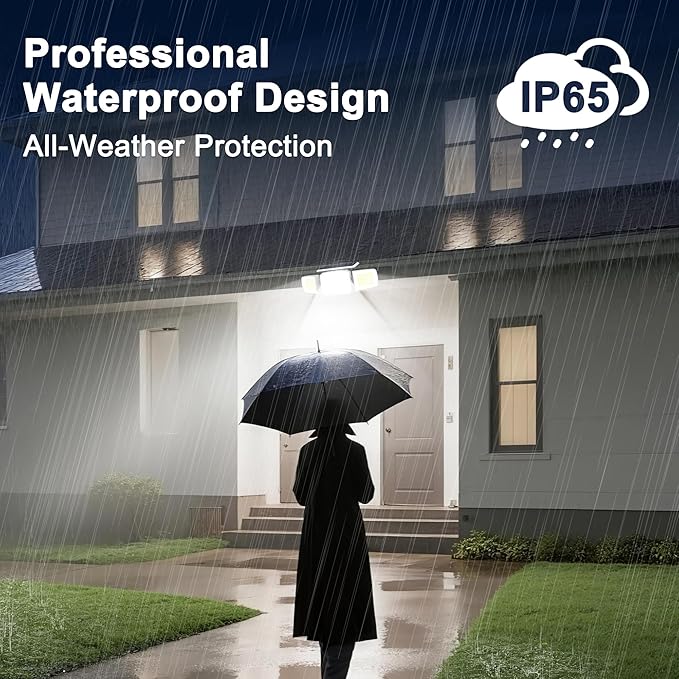 White Solar Security Light Outdoor Super Bright LED, Motion Sensor Flood Light, 3 Heads 270° Wide Angle, Remote Control, IP65 Waterproof, 3 Modes (1 Packs)