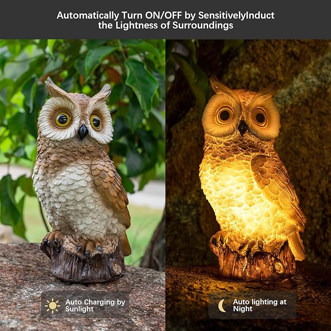 Solar Owl Garden Statues Outdoor Decor Resin Owl Figurine with LED Lights Owl Sculpture for Porch Patio Lawn Yard Decorations Christmas Housewarming Gifts for Women Mom,Brown Owl