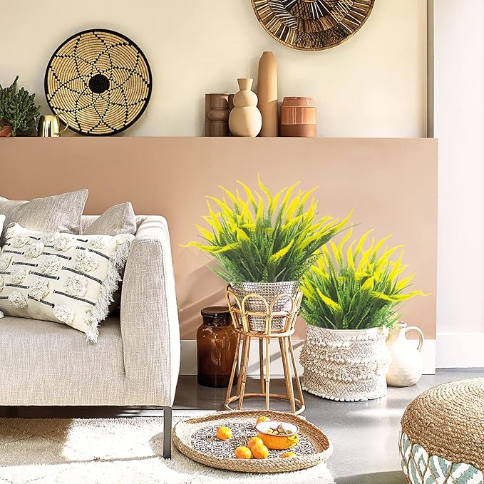 10 Bundles Artificial Plants Outdoor Fake Grass with Flowers UV Resistant Greenery Garden Porch Window Box Decorating (Yellow)