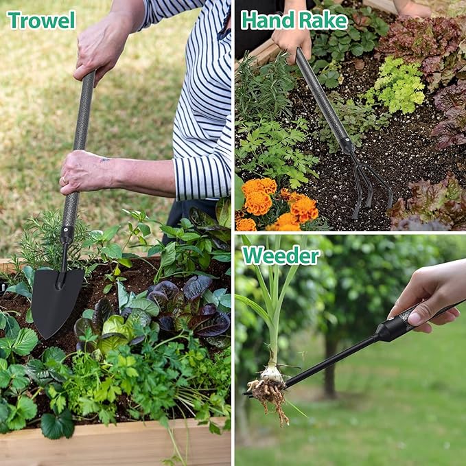Garden Tool Set, 5-Piece Heavy Duty Gardening Tools Kit with Extendable Handle, Metal Trowel, Cultivator, Weeder, Pruner, Back-Saving Grips for Yard Raised Bed, Rust-Proof, Gift for Women, Men, Kids