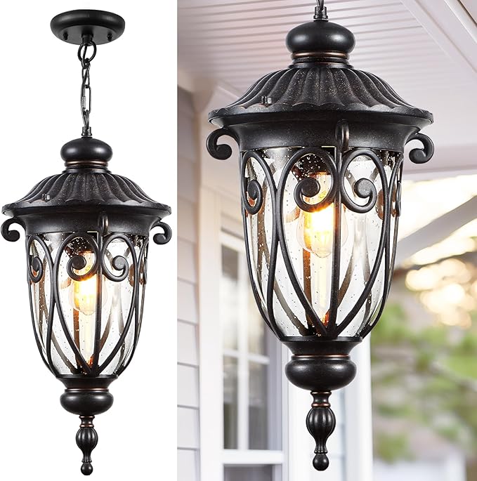 VIANIS Extra Large Outdoor Pendant Light, 21.3 in Outdoor Chandelier Bronze, Waterproof Outdoor Hanging Light with Seed Glass, Anti-Rust Outdoor Pendant Lights for Porch, Vintage Style