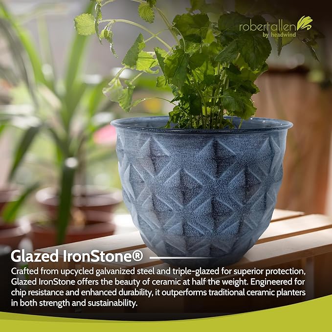 Headwind Glazed Ironstone Diamonte Collection – Capri Blue 6-Inch Decorative Plant Pot, Indoor & Outdoor, Vintage Diamond-Textured, Lightweight & Weather-Resistant for Garden Use by Robert Allen