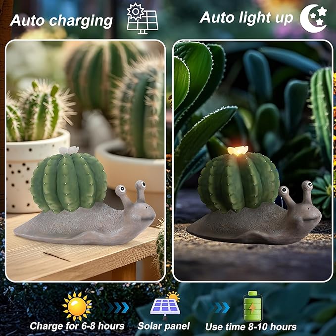 Solar Cactus Snail Statue Garden Decor Light - Outdoor Decorative LED Flower, Suitable for Patio, Lawnand Garden Decorations, Gifts for Mom