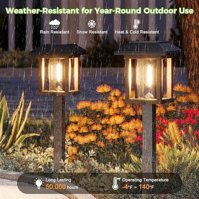 XMCOSY+ 4-Pack Solar Pathway Lights Outdoor, 25 Lumens Vintage Edison LED Landscape Lighting, IP65 Waterproof Seeded Glass & Metal Stakes Solar Powered Garden Lights for Yard Patio Walkway Driveway