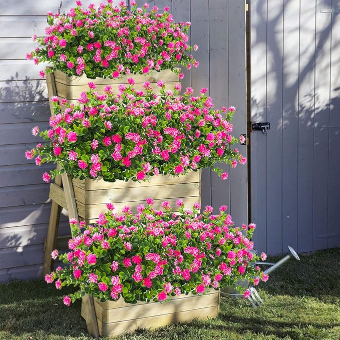 10 Bundles Artificial Fake Flowers, Faux Outdoor Plastic Plants UV Resistant Shrubs Outside Indoor Decorations (Pink-Eucalyptus)