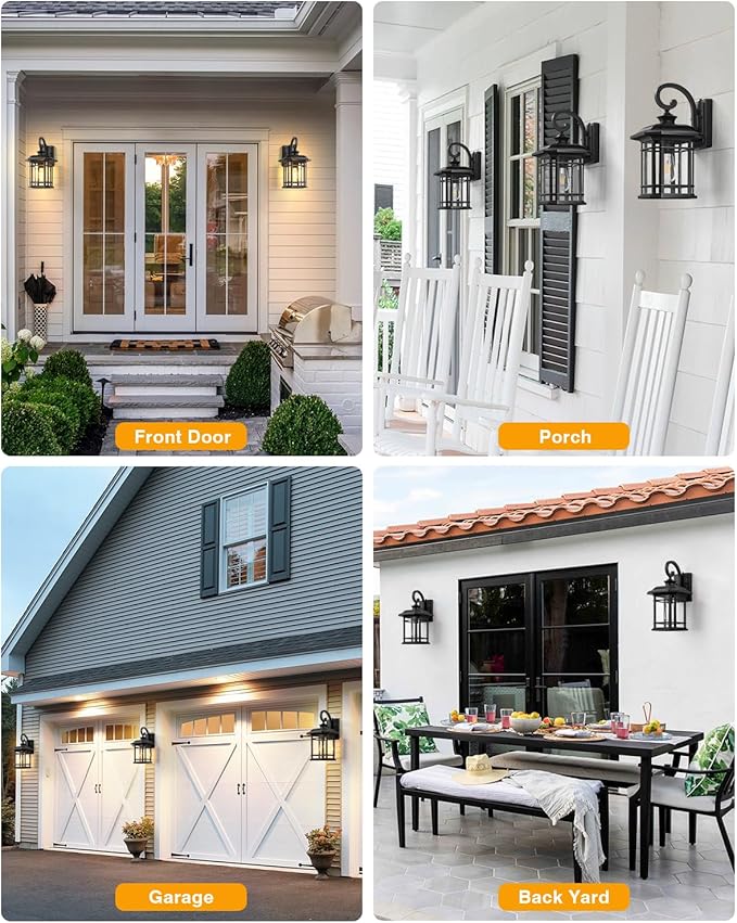 VIANIS 16.7 in Large Black Dusk to Dawn Outdoor Lighting, Anti-Rust Porch Light Fixture with Seed Tempered Glass, Waterproof Outdoor Wall Lights, Exterior Lighting Fixtures for House, Garden, Garage