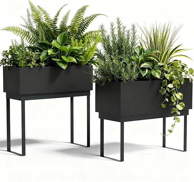 Worth Set of 2 Raised Metal Planter Box with Legs, Large & Small Matte Black Galvanized Steel Elevated Garden Beds with Drainage Hole & Plug for Vegetables, Flowers & Herbs, Indoor & Outdoor Use