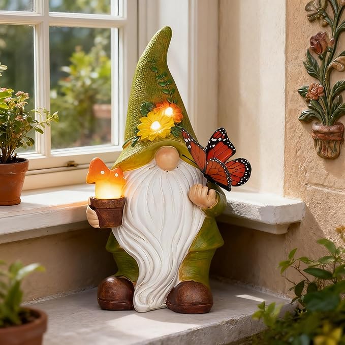 Garden Gnomes Outdoor Garden Decor-Resin Gnome with Solar Outdoor Lights Decorative Mushroom and Vivid Butterfly Spring Gnomes Decorations for Yard Decor,Gardening Gifts for Women