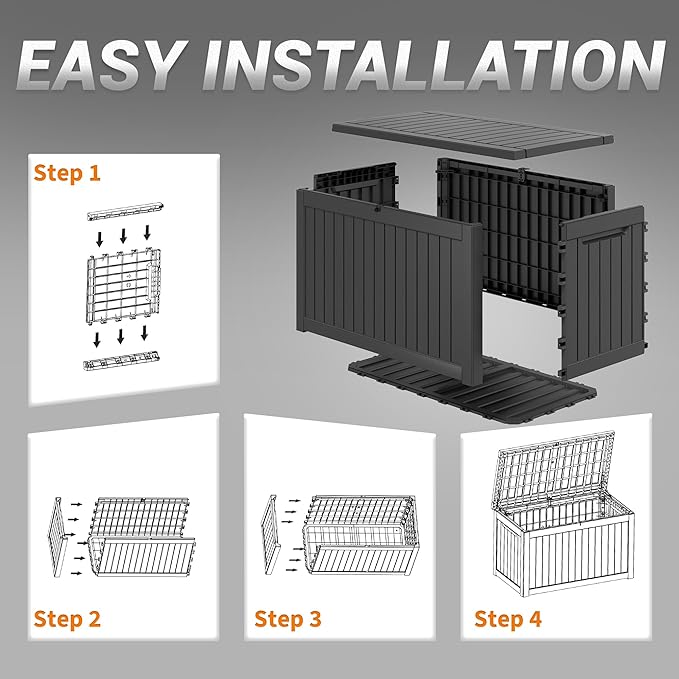 WTFGO 240 Gallon Large Resin deck box Waterproof,Outdoor Storage Bench,Patio Storage Box,Garden Tool Storage,UV-Resistant & All-Weather,Wood-like Striped BLack