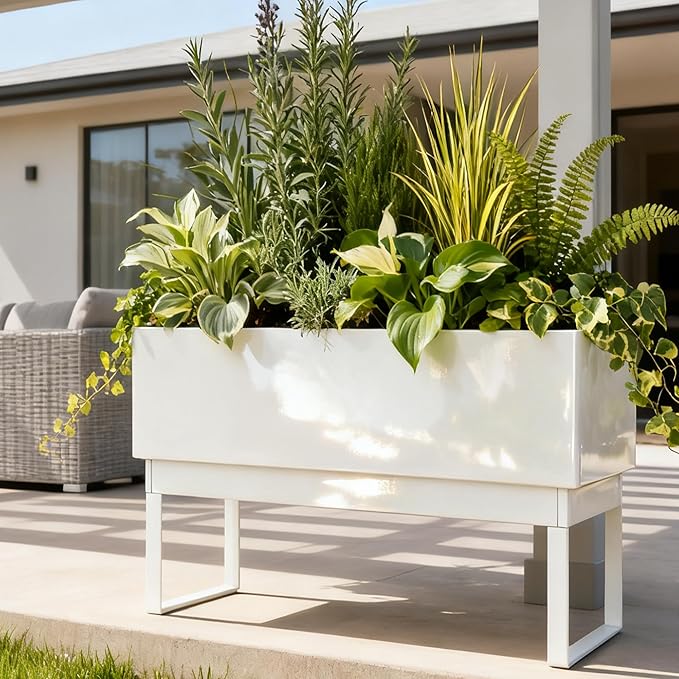 Worth Set of 2 Raised Metal Planter Box with Legs, Large & Small Galvanized Steel Elevated Garden Beds with Drainage Hole & Plug for Vegetables, Flowers & Herbs, Indoor & Outdoor Use - Glossy White