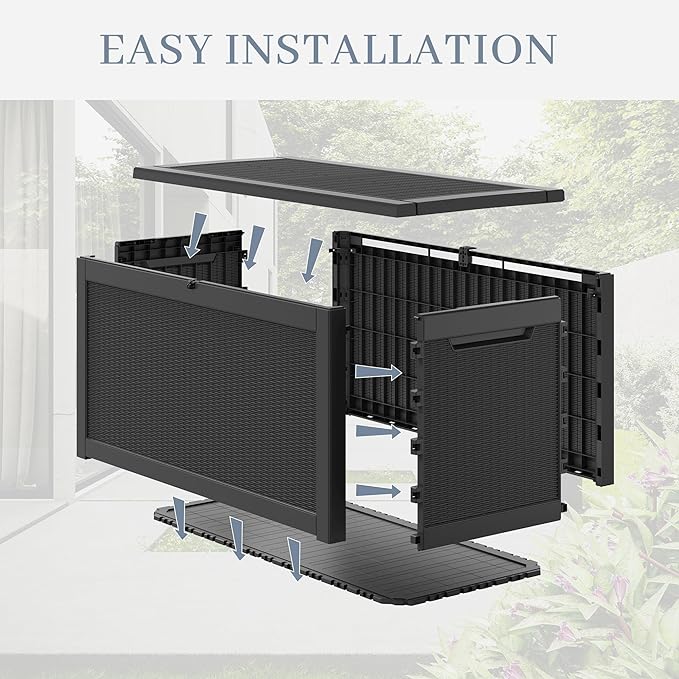 WTFGO 320 Gallon Large Resin deck box Waterproof,Outdoor Storage Bench,Patio Storage Box,Garden Tool Storage,Resin Large Sturdy Deck boxes with Double Wall Panels,Rattan Black