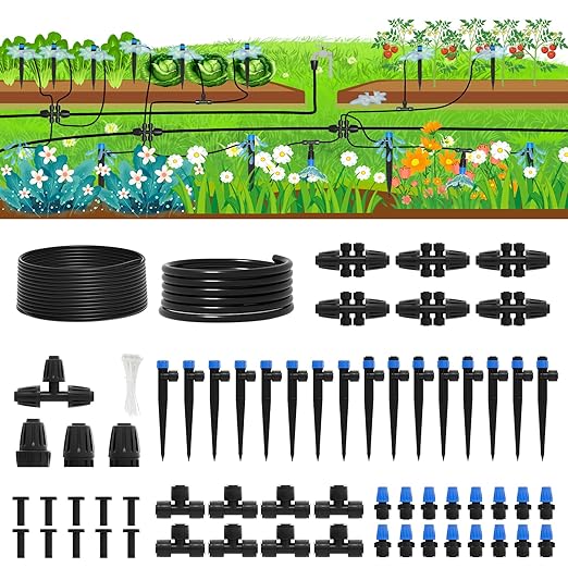 230FT Quick-Connect Drip Irrigation System Kit with 1/4” & 1/2” Fast-Lock Tubing, Adjustable Emitters & Sprinklers for Garden & Greenhouse