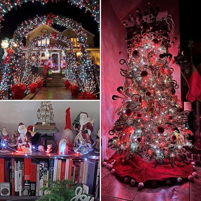 QITONG 4 Pack Solar Fairy Lights, Each 33ft 100 LED Red and White Christmas String Light Outdoor Waterproof, 8 Modes Silver Wire Twinkle Mini Lights