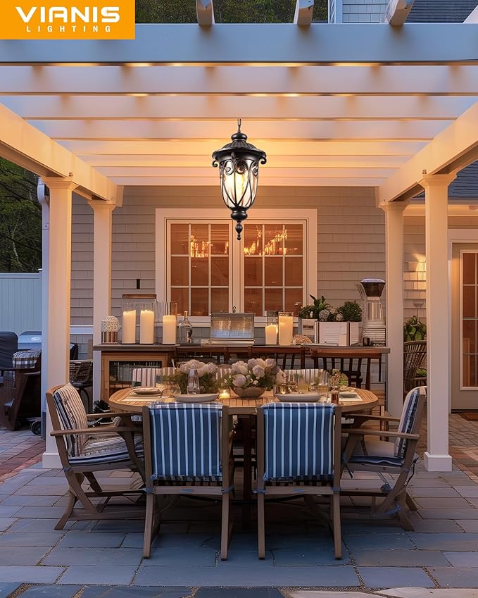 VIANIS Extra Large Outdoor Pendant Light, 21.3 in Outdoor Chandelier Bronze, Waterproof Outdoor Hanging Light with Seed Glass, Anti-Rust Outdoor Pendant Lights for Porch, Vintage Style