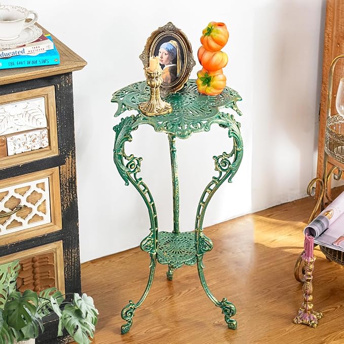 Sungmor Vintage Cast Iron Plant Stand - Ornate Green Pedestal Table for Indoor Outdoor Garden, 27.5" Antique Metal Flower Pot Holder, Victorian Style Plant Display Stand - Patio, Porch, Balcony Décor