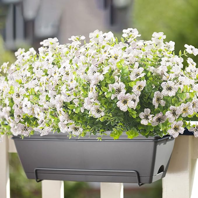 10 Bundles Artificial Flowers Outdoor UV Resistant Fake Flowers No Fade Faux Plants Garden Porch Window Box Decorating (White)