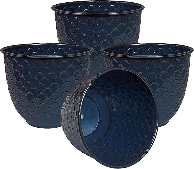 Sunnydaze Dinah 12.5" Metal Outdoor Plant Pot Set with Drainage Holes and Rubber Plugs - Navy Glaze - Set of 4