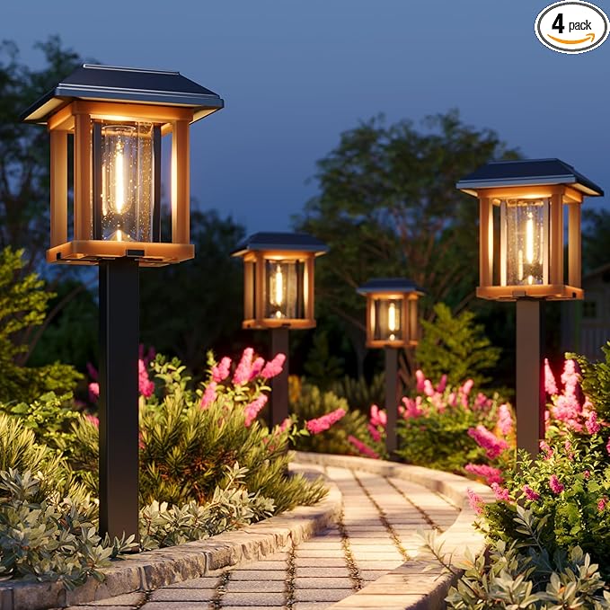 XMCOSY+ 4-Pack Solar Pathway Lights Outdoor, 25 Lumens Vintage Edison LED Landscape Lighting, IP65 Waterproof Seeded Glass & Metal Stakes Solar Powered Garden Lights for Yard Patio Walkway Driveway