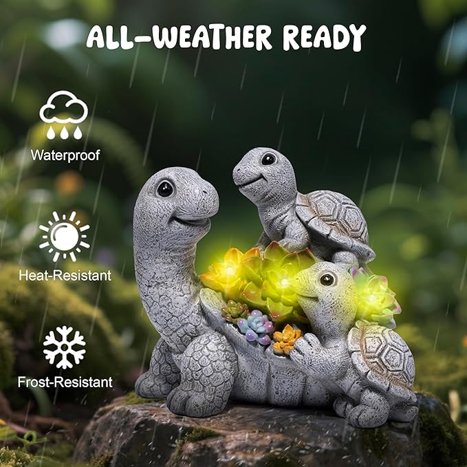 basen Solar Turtle Garden Statue with LED Succulent Lights, Resin Outdoor Tortoise Family Figurine, Waterproof Yard Lawn Patio Decor, Cute Animal Sculpture for Porch, Backyard, Gift