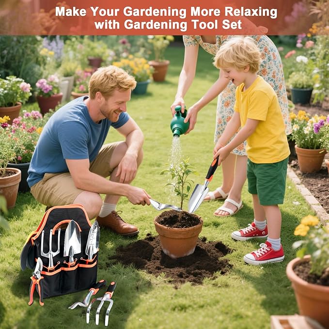 Garden Tools Set, 8 Piece Gardening Tools Set with Non Slip Ergonomic Handle, Heavy Duty Garden Tool Set with Storage Bag, Gardening Kit for Women, Garden Hand Tools Gift for Women and Men, Orange