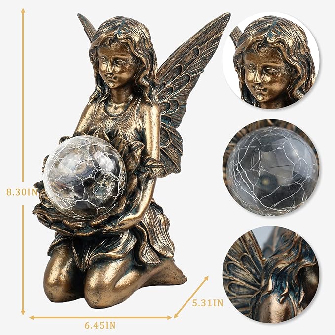 Garden Statues Outdoor Flower Fairy Decor,Solar Powered Outdoor Resin Statues-Patio Lawn Yard Porch, Funny Fairies Ornaments Figurines for Outside Garden Gifts,8.31 Inches Tall